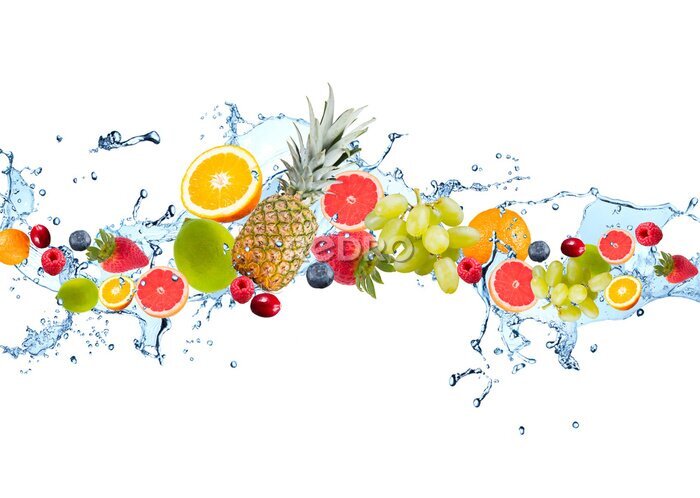 Sticker Frische Früchte fallen in Wasser splash, isoliert auf weißem Hintergrund