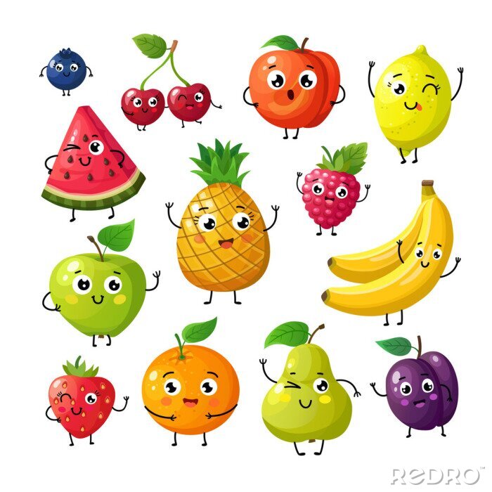 Sticker Früchte verschiedener Arten freundliche Zeichentrickfiguren