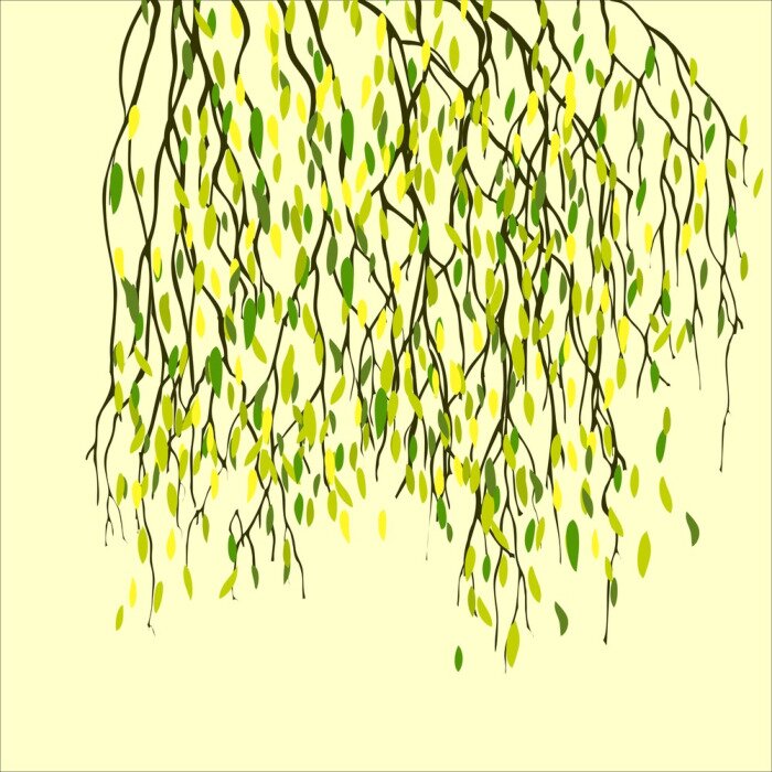 Sticker Frühling Hintergrund mit grünen Blättern, Birkenzweigen.