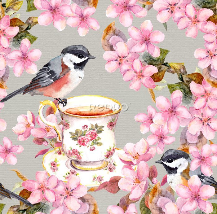 Sticker Frühlingsvögel und eine Tasse