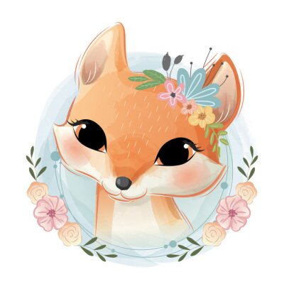Fuchs Aquarell in einem Blumenschmuck