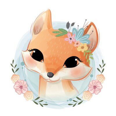 Sticker Fuchs Aquarell in einem Blumenschmuck