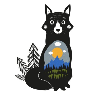 Sticker Fuchs, blaue Berge, schwarzer Kiefernwald, grüne Hügel, Wolken, Sonne und Schnee.