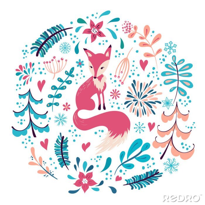 Sticker Fuchs sitzt neben bunten Pflanzen