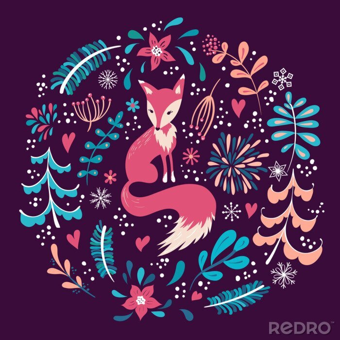 Sticker Fuchs zwischen Pflanzen auf bordeauxrotem Hintergrund