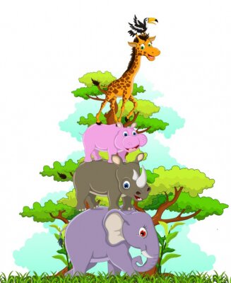 Sticker funny animal cartoon mit tropischen Wald Hintergrund