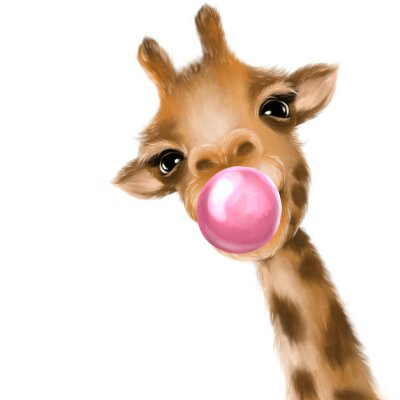 Sticker Funny giraffe blowing bubble. Hand drawn giraffe illustration