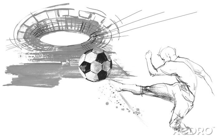 Sticker Fußballspieler in Aktion auf weißem Hintergrund. Gezeichnete Skizzenillustration des Fußballschattenbildes Hand