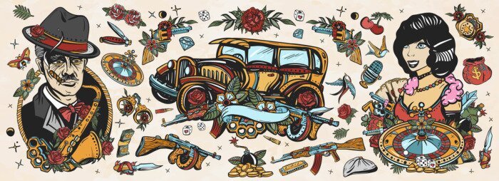 Sticker Gangsters Old school tattoo collection. Crime boss plays saxophone, retro car, robbers, bandits weapons, croupier pin up girl, casino, cabaret. Noir criminal movie art. Traditional tattooing style