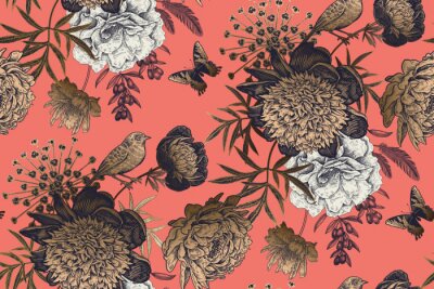 Fototapete Garden flowers peonies on a coral background. Luxury seamless pattern.