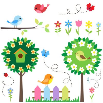 Sticker Garten mit Vögeln, blühenden Bäumen, Blumen und Insekten.