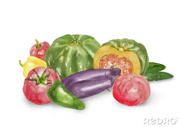 Sticker Gemüse in verschiedenen Farben mit Aquarellfarbe gemalt