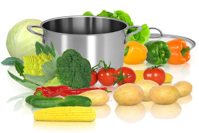 Sticker Gemüse und ein Topf auf einem Tisch liegend