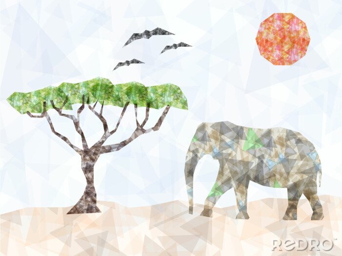 Sticker Geometrische Illustration mit einem Elefanten auf Safari