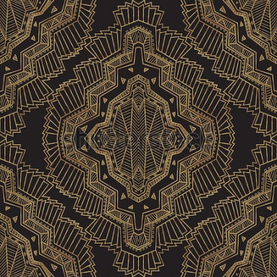 Sticker Geometrischer abstrakter Vektor ohne Art-Deco-Muster mit handgezeichneter Raute aus Gold und Schwarz, ethnischen Eskimo-Ornamenten, Zickzack-Spitzenstreifen. Fantasie Textildruck. Geschenkpapier. Mal