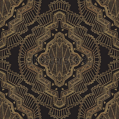 Sticker Geometrischer abstrakter Vektor ohne Art-Deco-Muster mit handgezeichneter Raute aus Gold und Schwarz, ethnischen Eskimo-Ornamenten, Zickzack-Spitzenstreifen. Fantasie Textildruck. Geschenkpapier. Mal