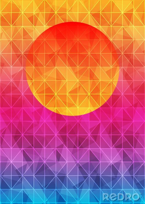 Sticker Geometrischer Hintergrund des niedrigen Polydreiecks mit Sonne über Sonnenuntergang. Mehrfarbige polygonale Vektor-Illustration, die aus Dreiecken bestehen. Abstrakter dreieckiger geometrischer Schabl