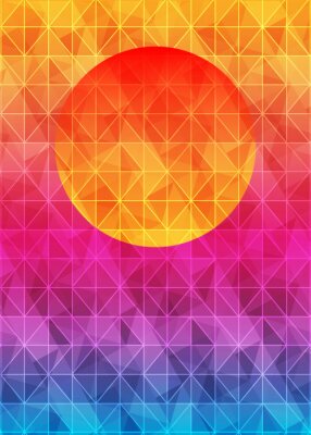 Sticker Geometrischer Hintergrund des niedrigen Polydreiecks mit Sonne über Sonnenuntergang. Mehrfarbige polygonale Vektor-Illustration, die aus Dreiecken bestehen. Abstrakter dreieckiger geometrischer Schabl