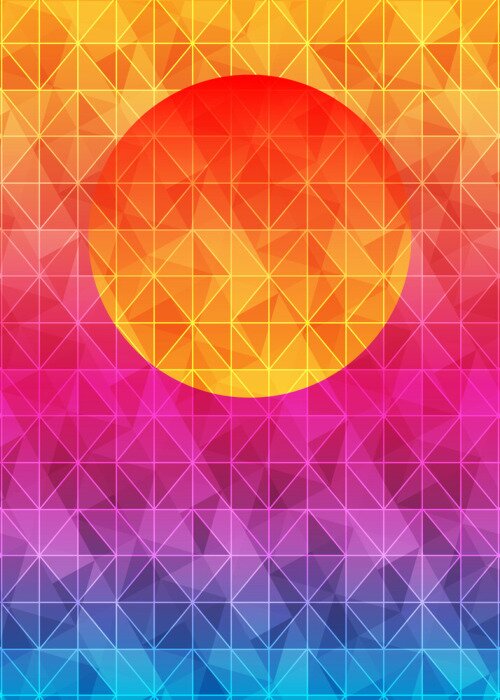 Sticker Geometrischer Hintergrund des niedrigen Polydreiecks mit Sonne über Sonnenuntergang. Mehrfarbige polygonale Vektor-Illustration, die aus Dreiecken bestehen. Abstrakter dreieckiger geometrischer Schabl