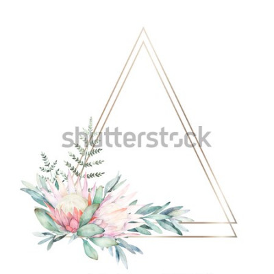 Sticker Geometrischer Rahmen des Aquarellgrüns mit Blume, Eukalyptus und Farn. Hand gezeichnete Abbildung