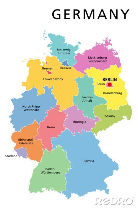 Sticker Germany political map. Multicolored states of Federal Republic of Germany with capital Berlin and 16 partly-sovereign states. Central and Western Europe country. English labeling. Illustration. Vector