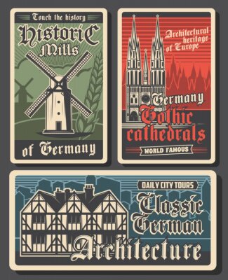 Sticker Germany travel retro posters, German landmarks and Berlin city buildings, culture and tourism, vector. German Gothic architecture, castles, cathedrals and historic mills, Europe travel destinations
