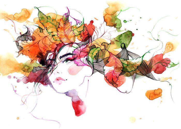 Sticker Gesicht einer Frau inmitten von Herbstblättern