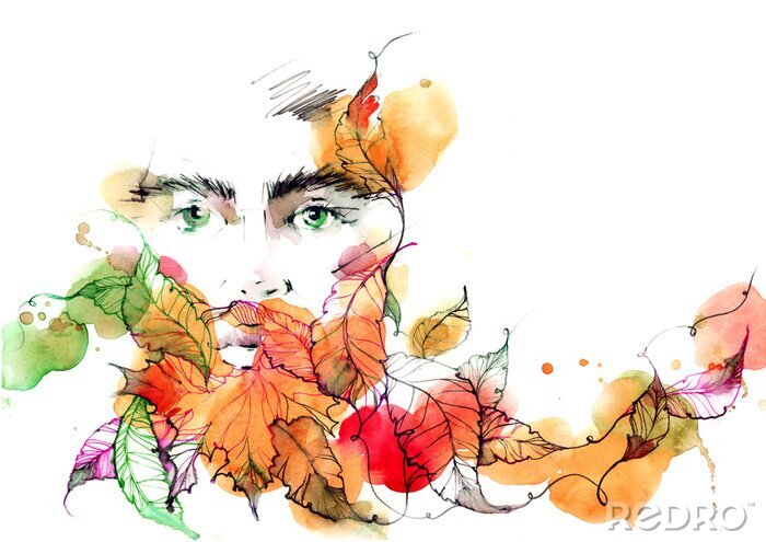 Sticker Gesicht eines Mannes inmitten von Blättern in Herbstfarben