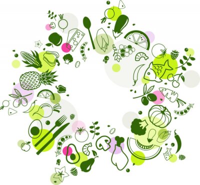 Sticker Gesundes Essen Grafiken in einem Kreis angeordnet