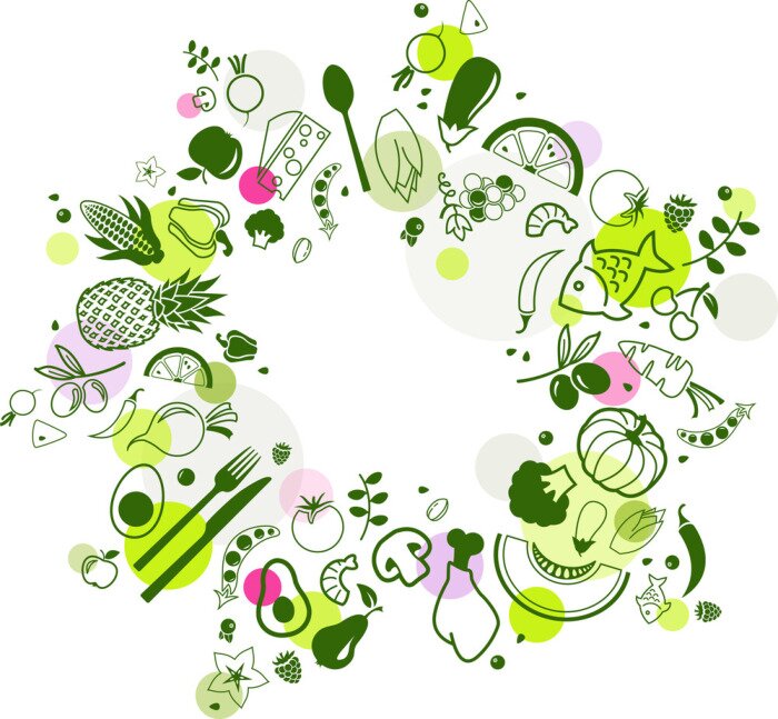 Sticker Gesundes Essen Grafiken in einem Kreis angeordnet