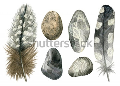 Sticker Gezeichneter Satz des Aquarells Hand graue Vogelfedern und -kiesel. Bunte Boho-Sammlung lokalisiert auf weißem Hintergrund