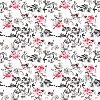 Tapete Gezeichnetes nahtloses Muster des Aquarells Hand mit schönen Blumen und bunten Vögeln auf weißem Hintergrund.