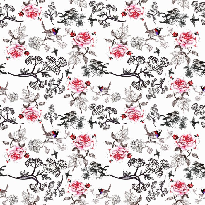 Sticker Gezeichnetes nahtloses Muster des Aquarells Hand mit schönen Blumen und bunten Vögeln auf weißem Hintergrund.