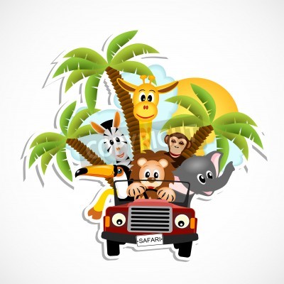 Giraffen, Elefanten, Zebras, toucan, Affen und Löwen fahren Auto - Vektor-Illustration