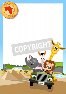 Sticker Giraffen, Elefanten, Zebras und Löwen fahren grünen Auto durch afrikanische Landschaft, weißen Hintergrund