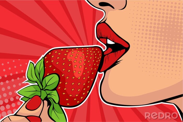 Sticker Girls lips with strawberry. Woman eating healthy food. Erotic fantasy. Vector Illustration in pop art retro comic style.
