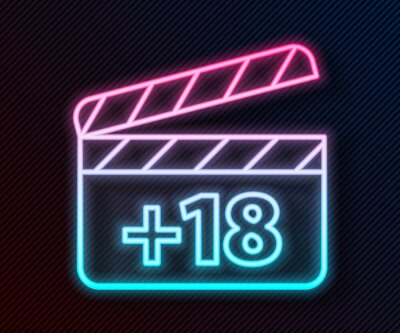 Sticker Glowing neon line Movie clapper with 18 plus content icon isolated on black background. Age restriction symbol. Adult channel. Vector Illustration