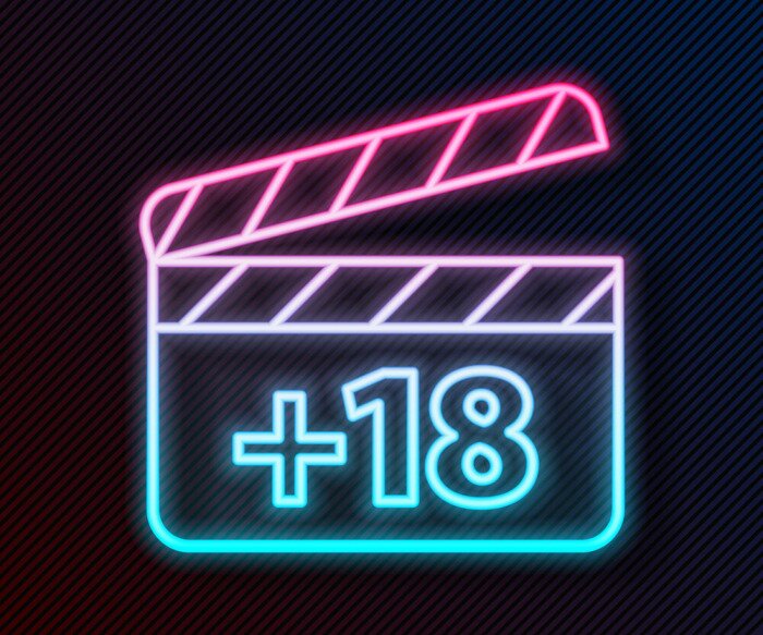 Sticker Glowing neon line Movie clapper with 18 plus content icon isolated on black background. Age restriction symbol. Adult channel. Vector Illustration