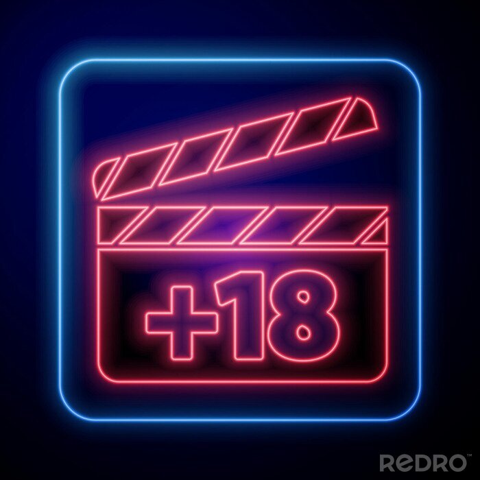 Sticker Glowing neon Movie clapper with 18 plus content icon isolated on blue background. Age restriction symbol. Adult channel. Vector Illustration