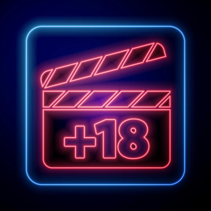 Sticker Glowing neon Movie clapper with 18 plus content icon isolated on blue background. Age restriction symbol. Adult channel. Vector Illustration