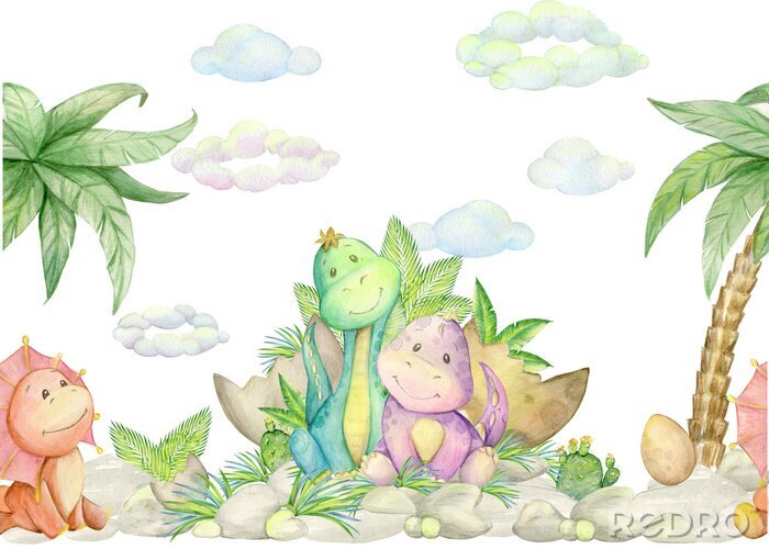 Sticker Glückliche Dinosaurier und exotische Palmen