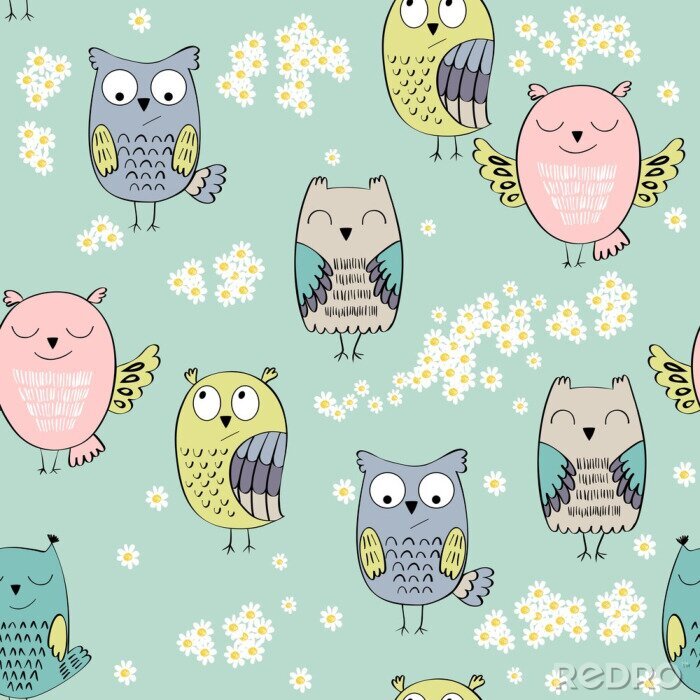 Sticker Glückliche Eulen und Blümchen