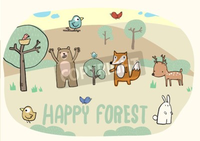 Sticker Glückliche Wald- und lustige Tieransammlung, Vogel, Fuchs, Bär, Rotwild, Kaninchen