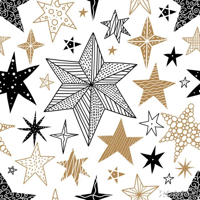 Sticker Gold and black stars. Seamless vector pattern. Seamless pattern can be used for wallpaper, pattern fills, web page background, surface textures.