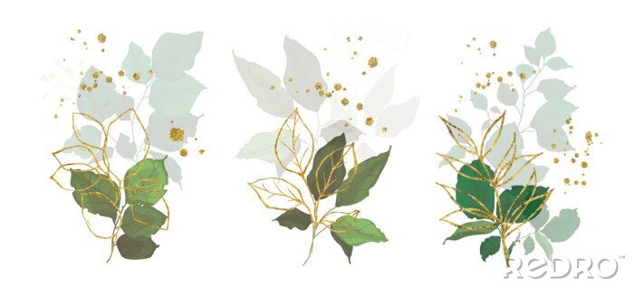 Sticker Gold leaves green tropical branch plants wedding bouquet with golden splatters isolated. Floral foliage vector illustration arrangement in watercolor style for wedding invitation card
