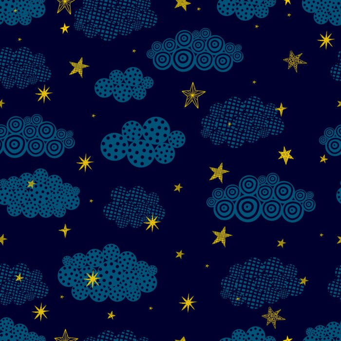 Sticker Gold stars and black clouds.. Seamless vector pattern. Seamless pattern can be used for wallpaper, pattern fills, web page background, surface textures.
