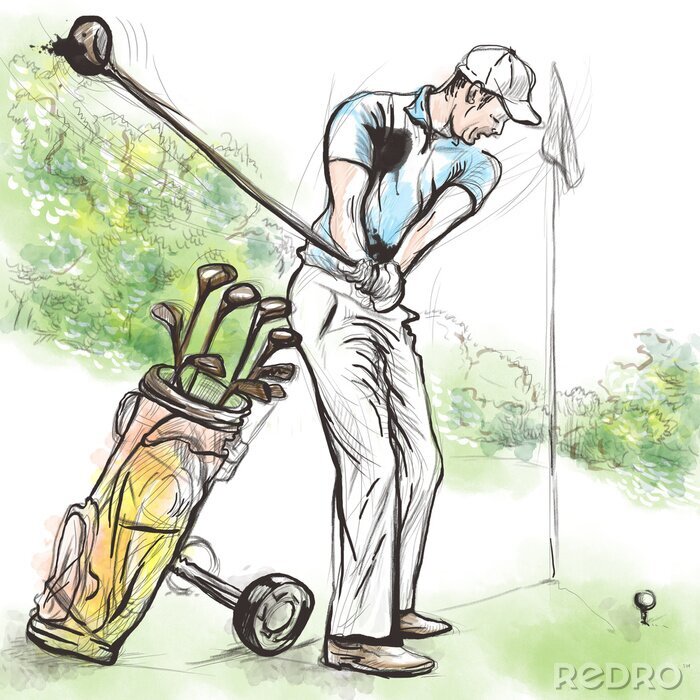 Sticker Golf Retro-Zeichnung eines Mannes mit Schläger