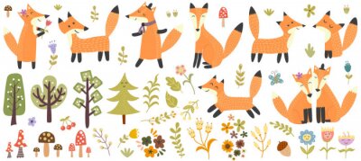 Sticker Grafik Füchse und Waldpflanzen