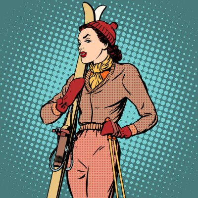 Sticker Grafik im Retro-Stil einer Frau mit Skiern