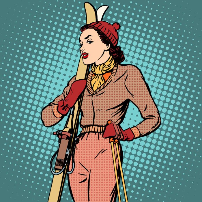 Sticker Grafik im Retro-Stil einer Frau mit Skiern